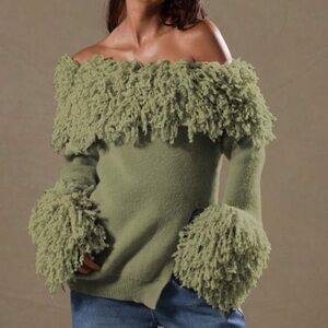 Women’s Olive Off-Shoulder Fringe Knit Sweater